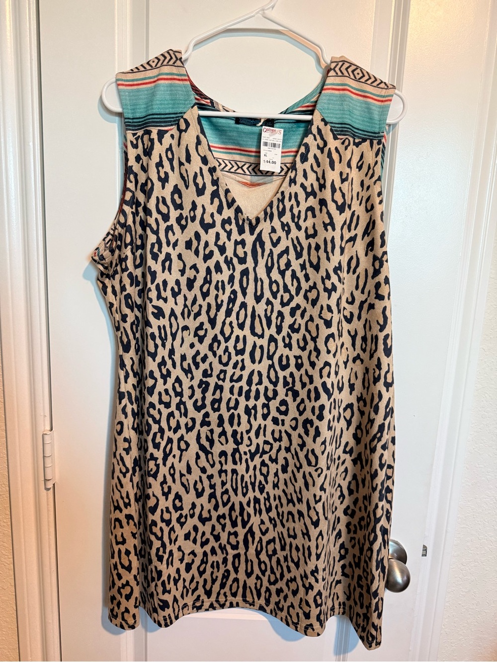 Fashion express, Leopard Print V-Neck Mini Dress with Turquoise Accent